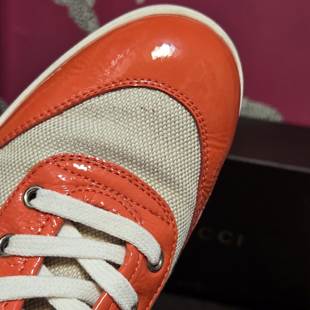 EUC Gucci Sylvie Web Accent Patent Leather High Top Sneakers IT 38.5 US 8.5 - Picture 10 of 14